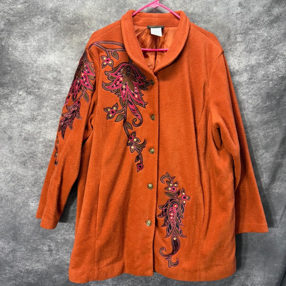 Bob Mackie Wearable Art Orange Fleece Floral Embroidered Jacket Plus Size 2X